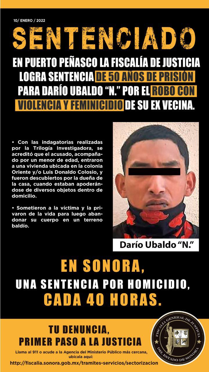 50 años de carcel para joven de 19 anos por robo con violencia y feminicidio en Puerto Penasco