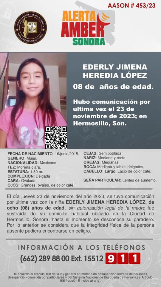 Activan Alerta Amber por la Niña Ederly Jimena, Desaparecida en Hermosillo